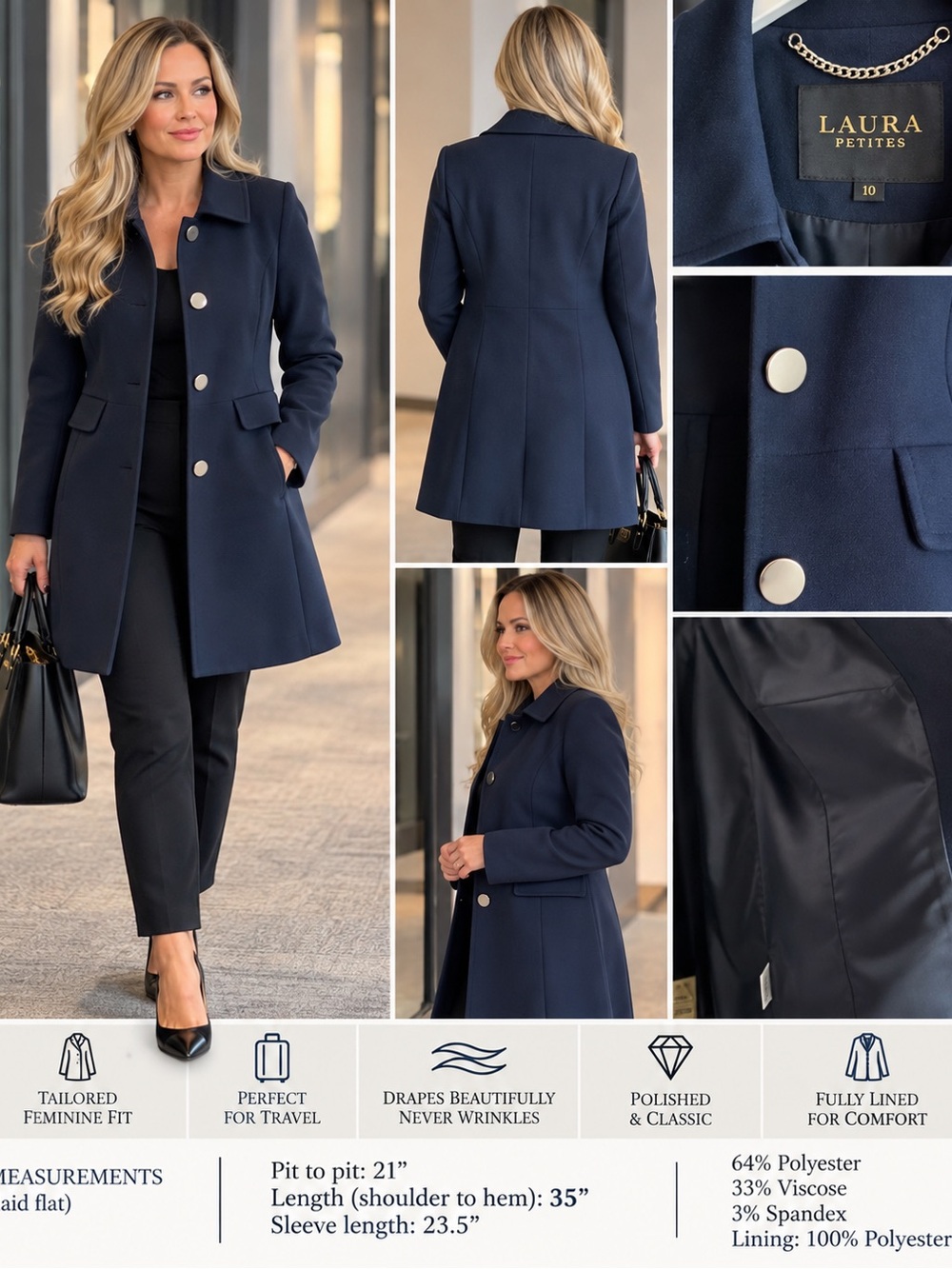 Laura Petites Navy Tailored Coat Jacket Size 10